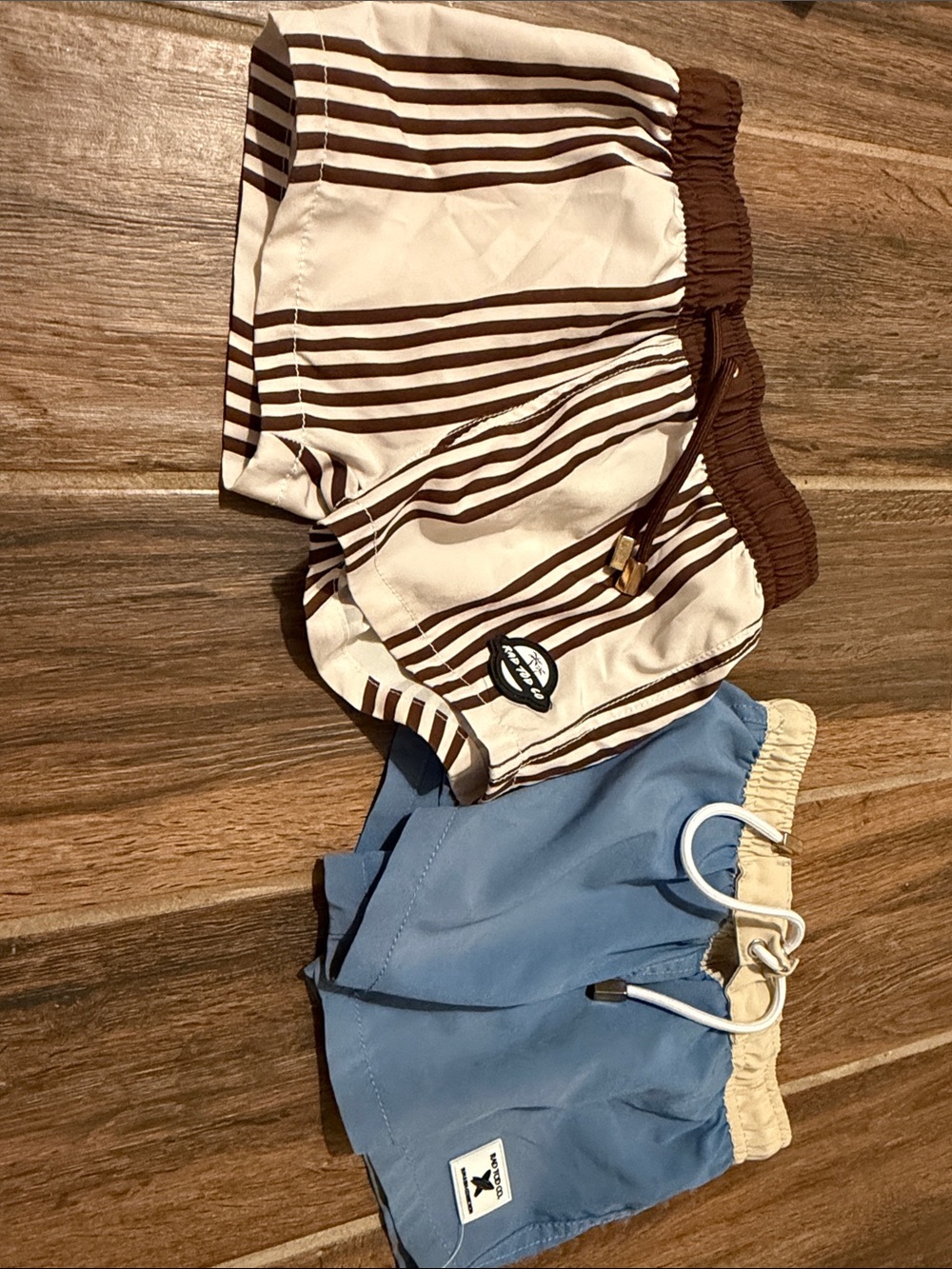 Striped Brown & Cream Swim Shorts + Blue Swim Trunks Duo RadTod 2-3T